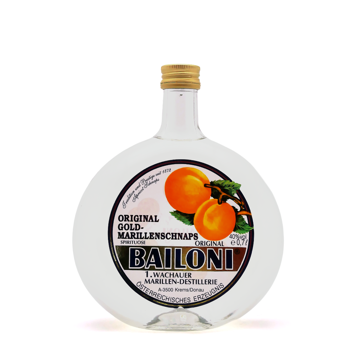 Schnaps, Obstbrand, Aprikosen, Klarer Likör, Runde Flasche