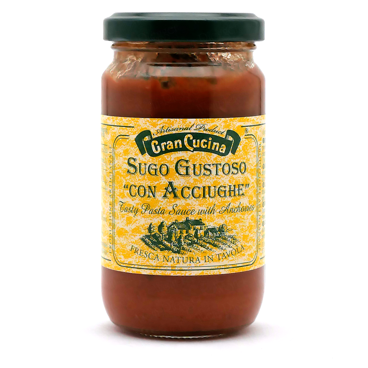 Pastasauce, Sardellensauce, Tomatensauce, Glasflasche, gelbes Etikett