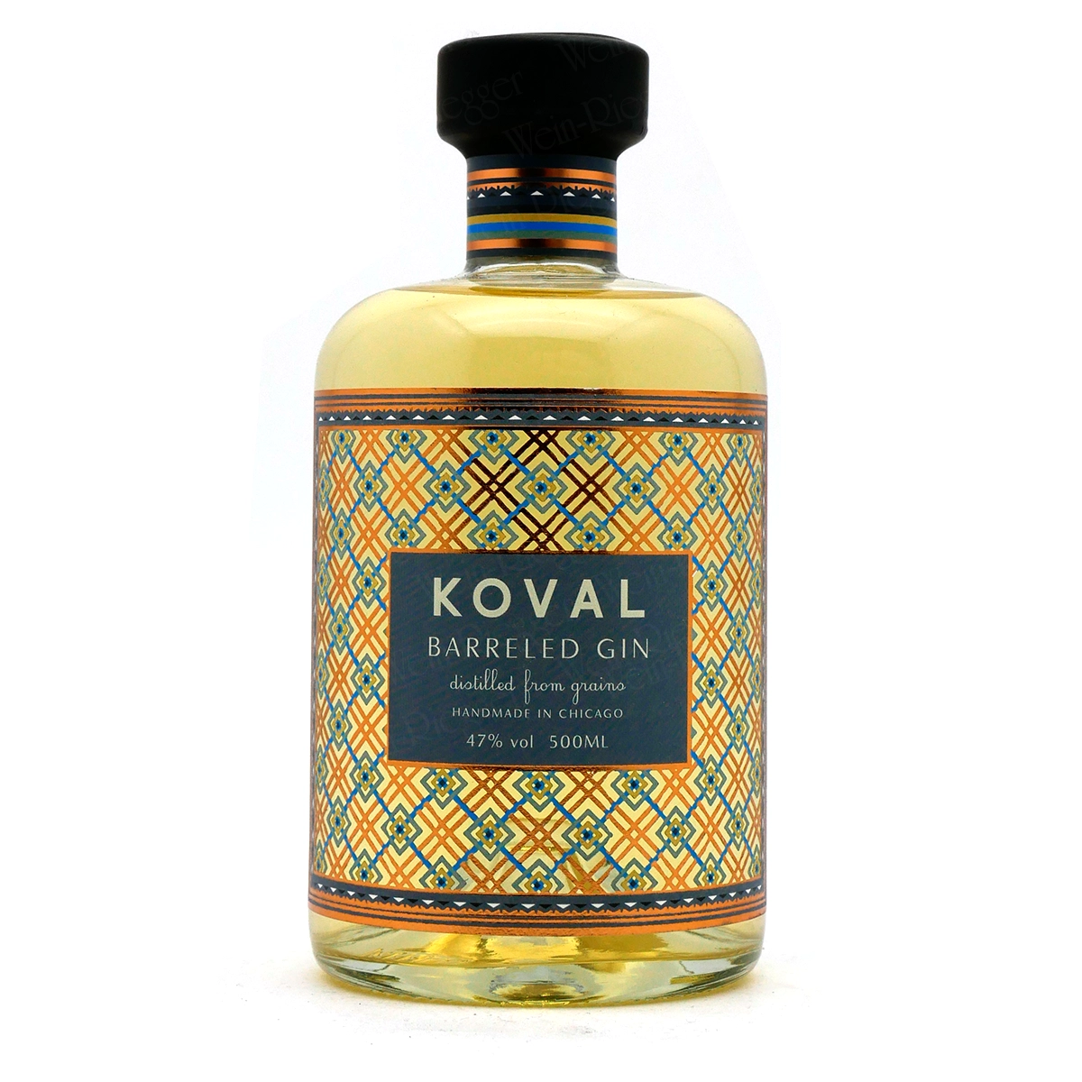 Barreled Gin, Gin-Flasche,  Musteretikett, goldene Flüssigkeit, 500ml