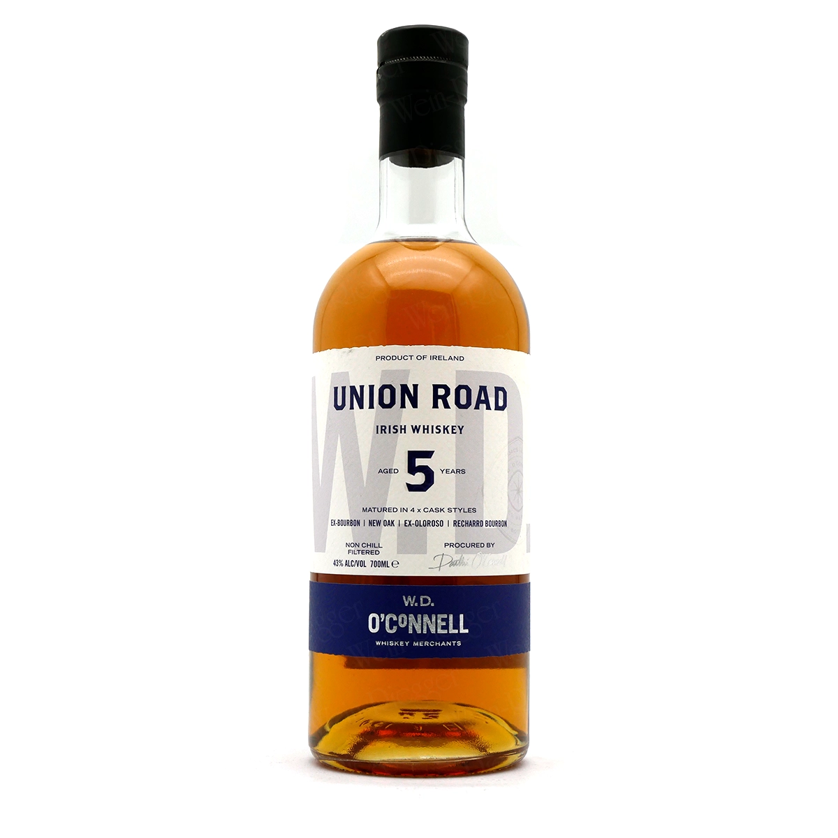 whiskey, irish whiskey, Flasche, Bernsteinfarbene Flüssigkeit, Etikett mit Union Road