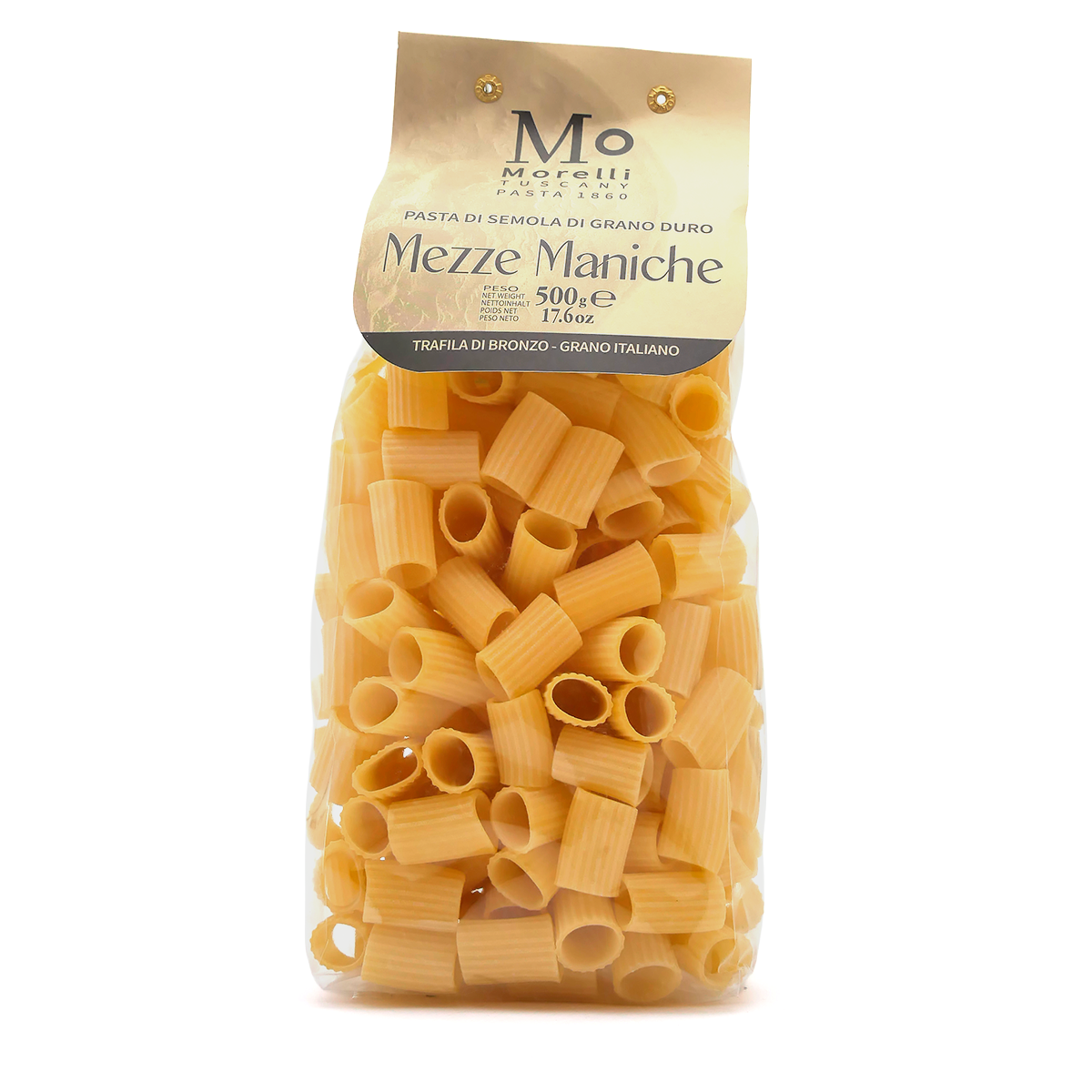 Mezze-Maniche-Nudeln, Hartweizengrieß, Bronzeform, geriffelte Röhrennudeln, 500-g-Packung