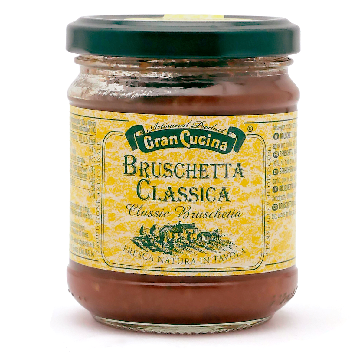 Bruschetta-Aufstrich, Tomatenaufstrich, Glas mit Schraubdeckel, gelbes Etikett