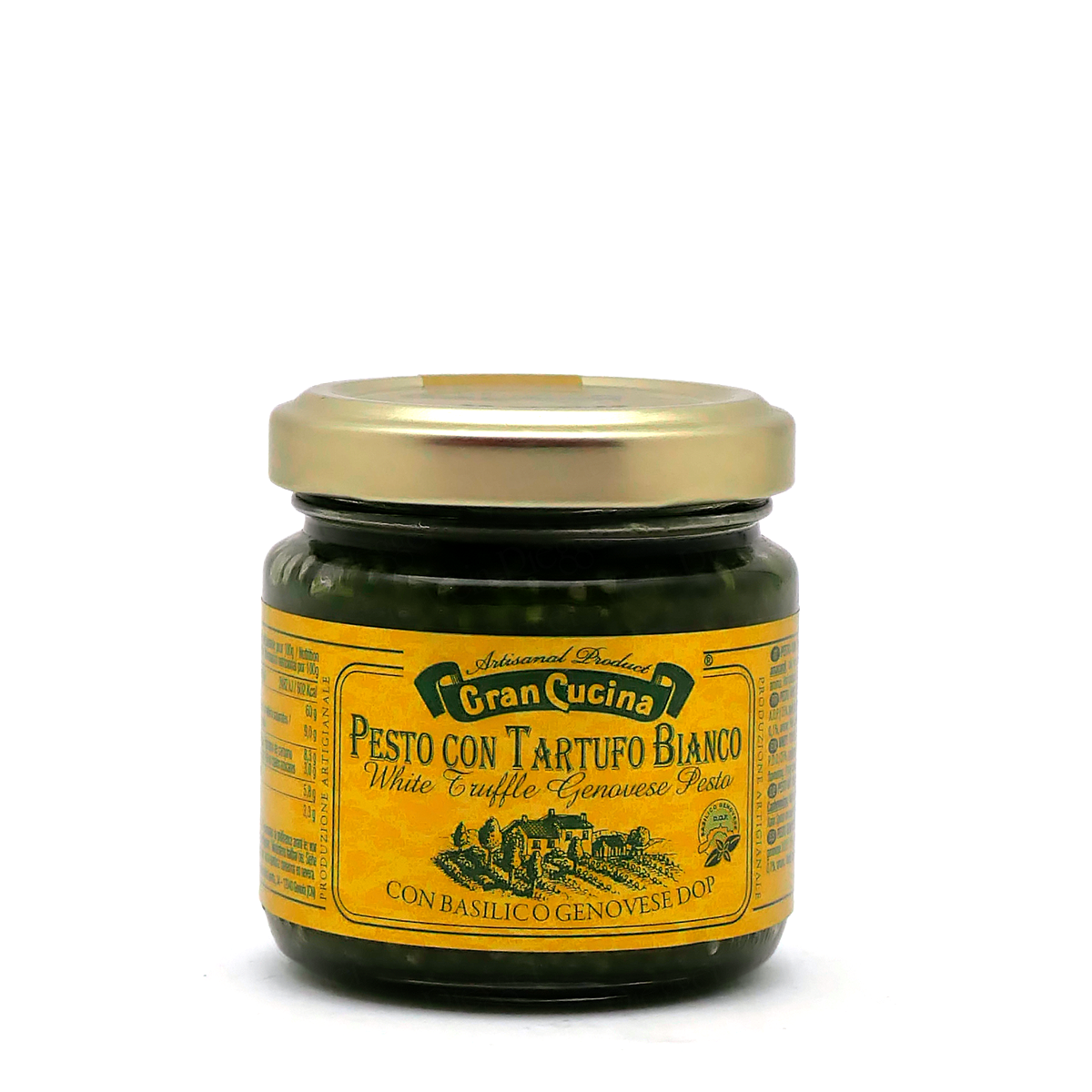 Pesto, Weißer Trüffel, Basilikum, Glasgefäß, Goldener Deckel