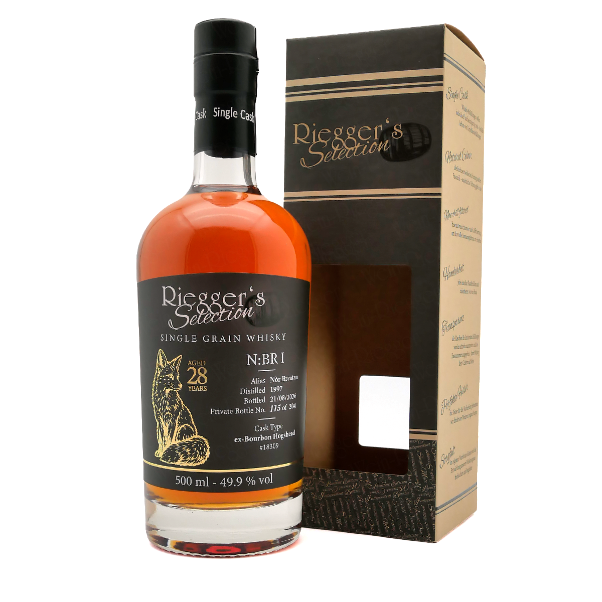 Single-Grain-Whisky, Whiskyflasche, 28 Jahre gereift, Bernsteinfarben, Geschenkbox