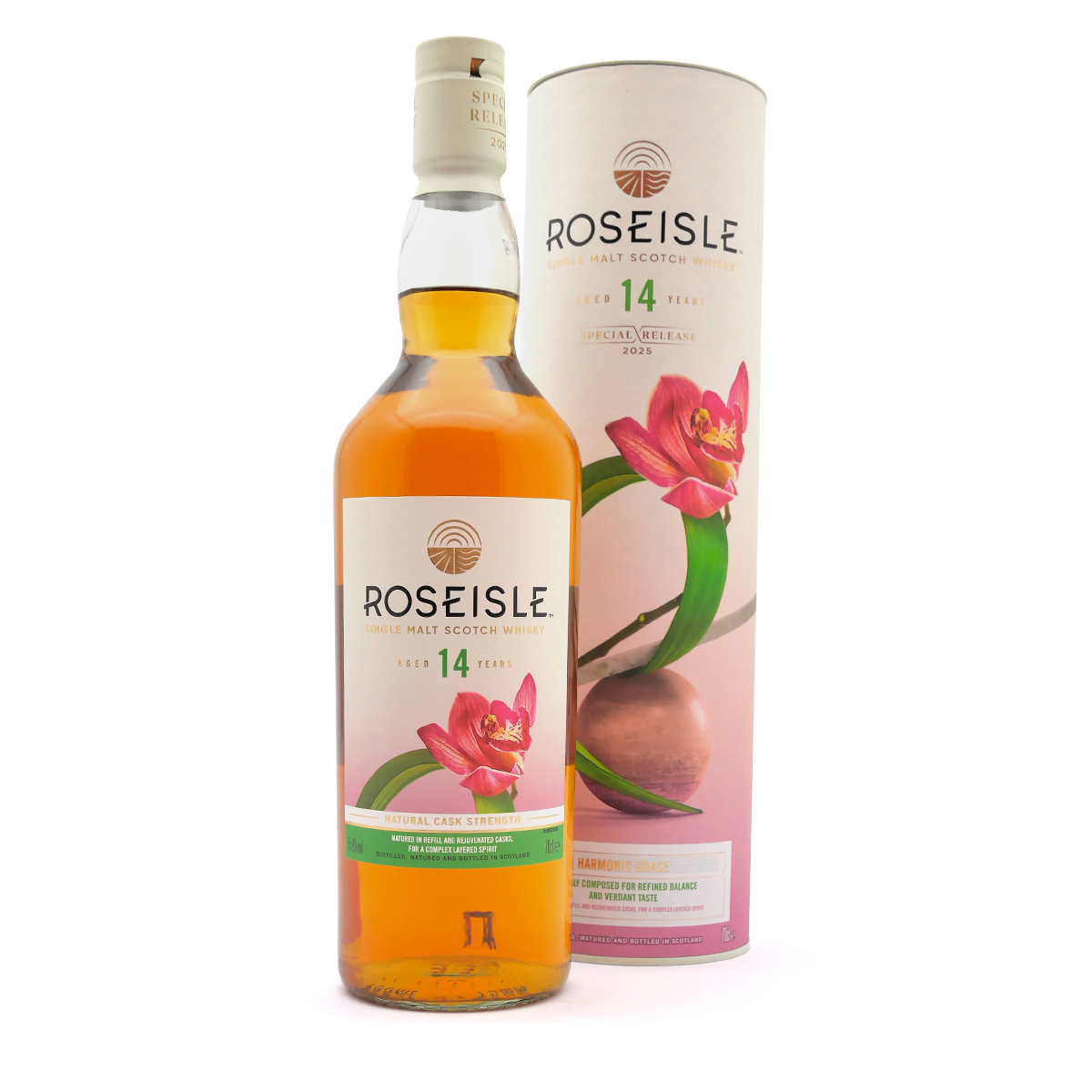 whisky, single malt, 14 years, roseisle, neon pink flower label
