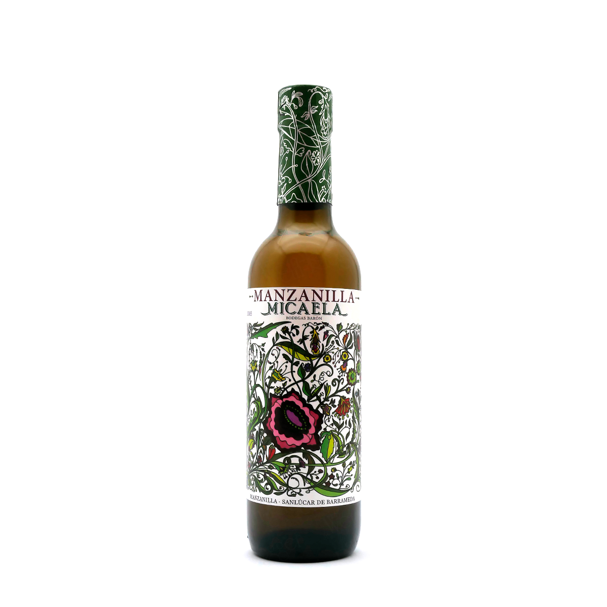Likör, Manzanilla, Flasche, grüner Deckel, blumiges Etikett