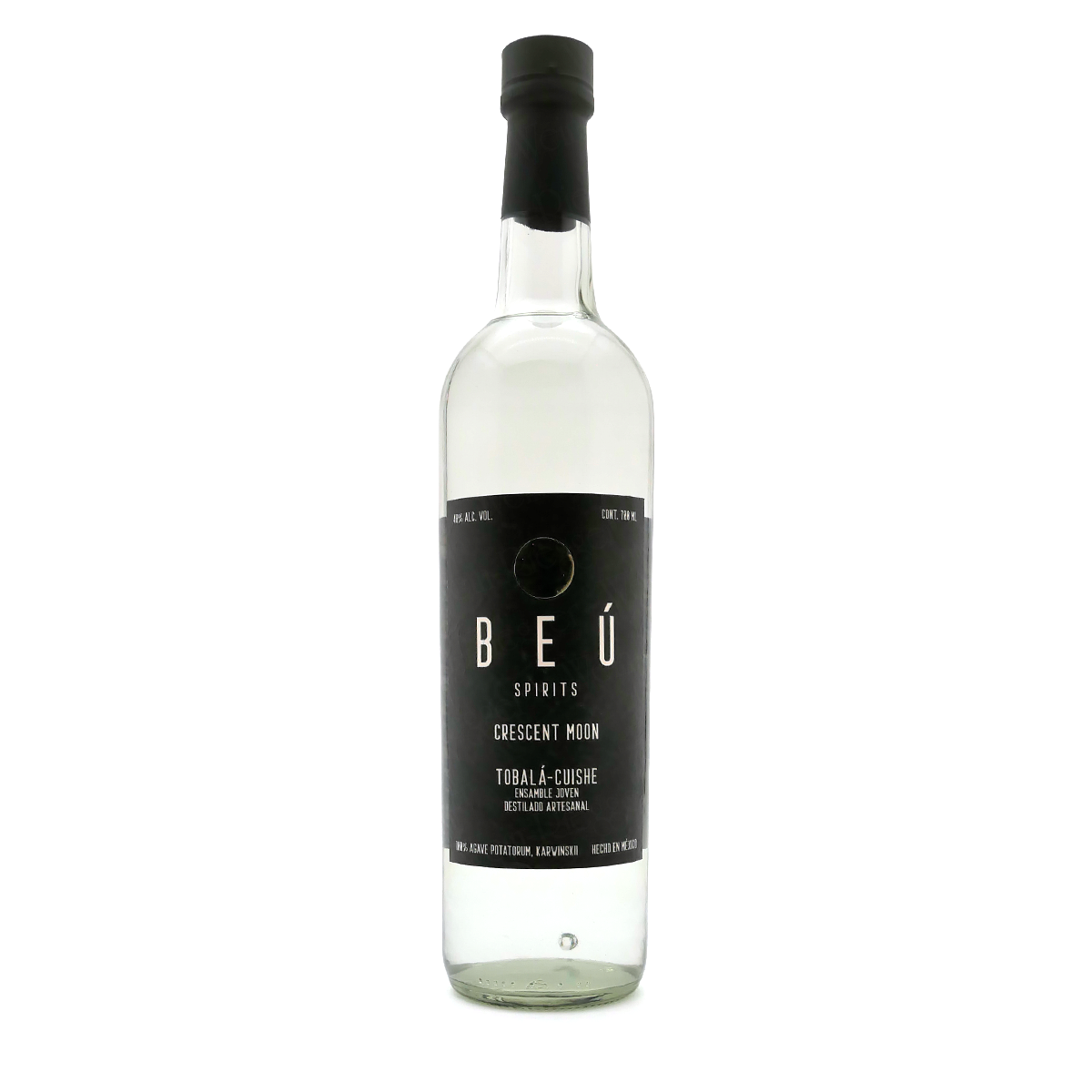 Mezcal, Spirituosenflasche, Klare Flüssigkeit, Glasflasche, Schwarzes Etikett