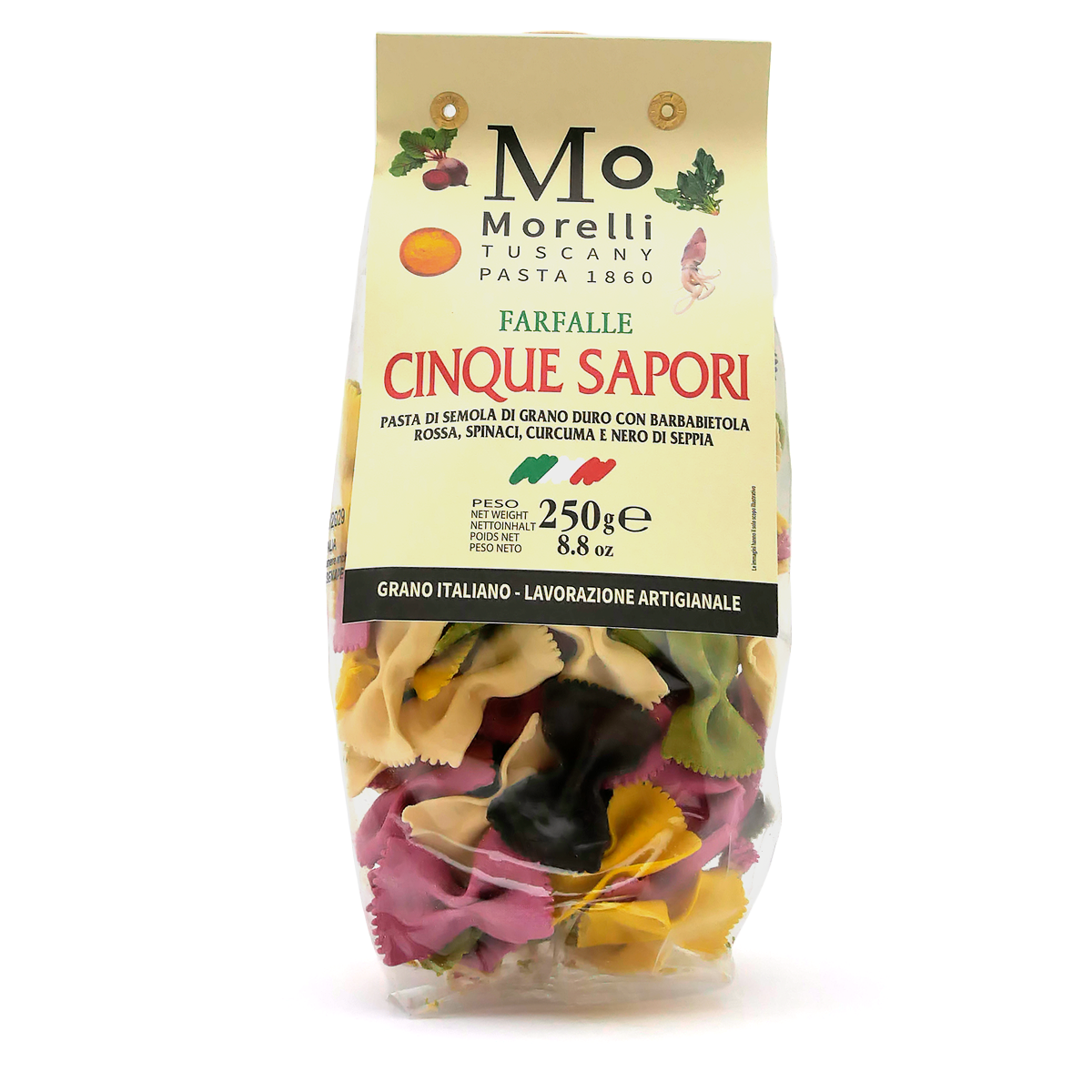 Farfalle-Nudeln, Hartweizengrieß, Bunte Pasta, Fünf Sorten, 250 g