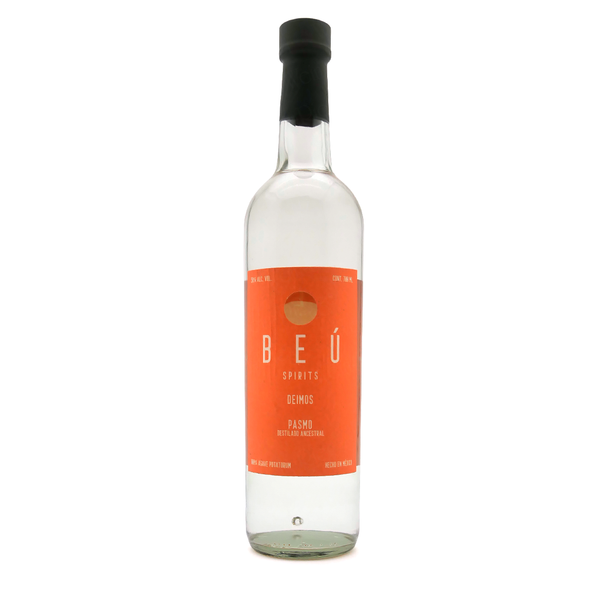 Spirituosenflasche, Klares Destillat, Glasflasche, Orangefarbenes Etikett, Schwarzer Verschluss