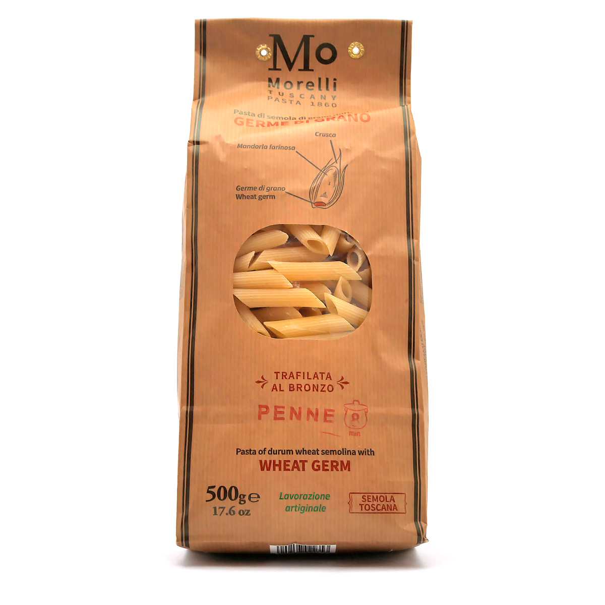 Penne-Nudeln, Hartweizengrieß, Weizenkeime, Bronzegezogen, 500 g