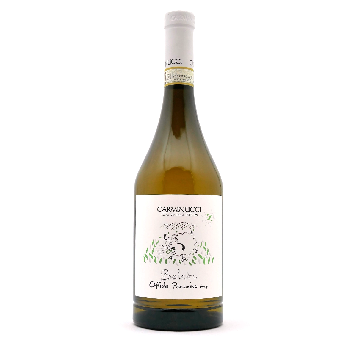 Weißwein, Flasche, Gelbgrün, Etikett, Offida Pecorino