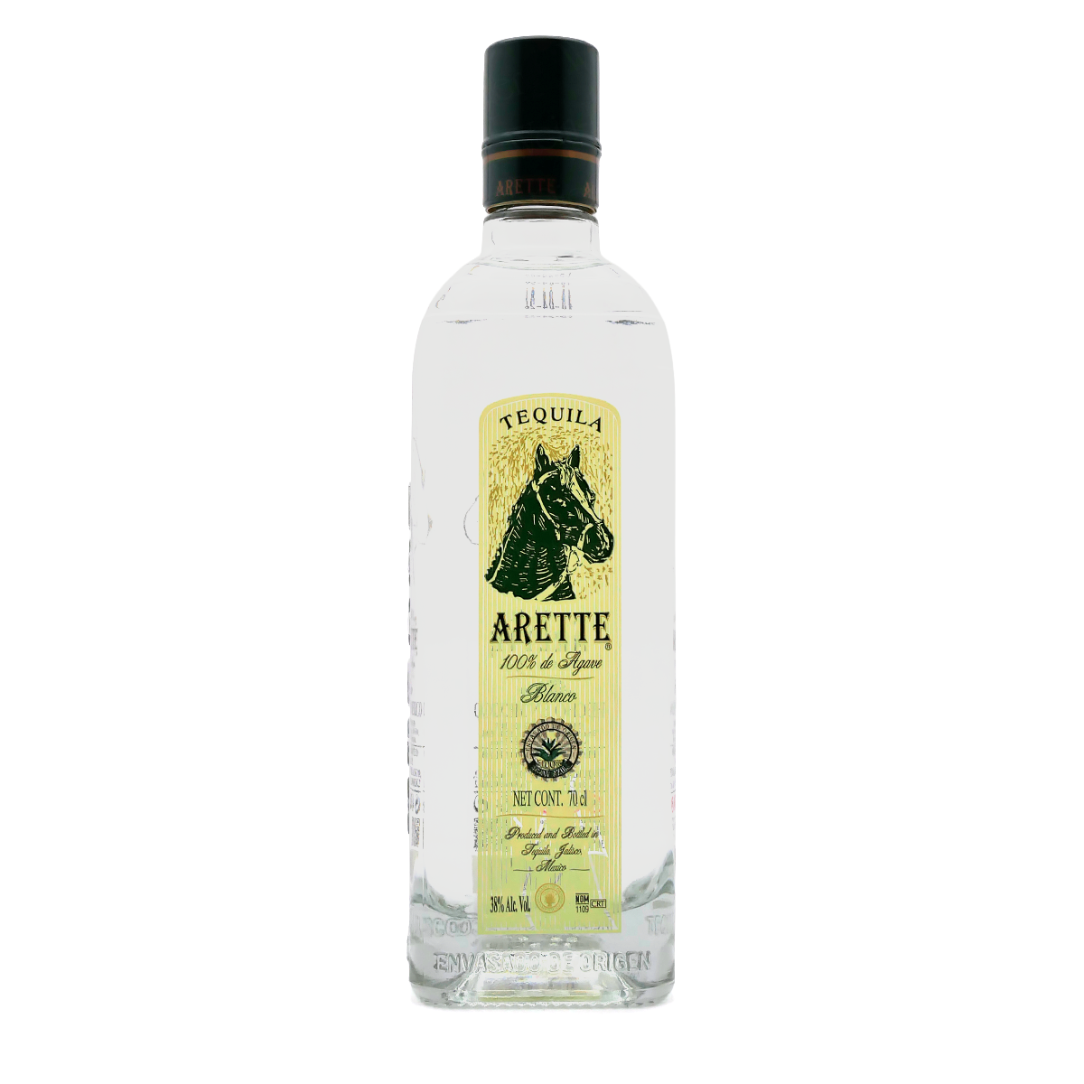 Tequila, Arete, Glasflasche, Gelbgrünes Etikett, 70 cl