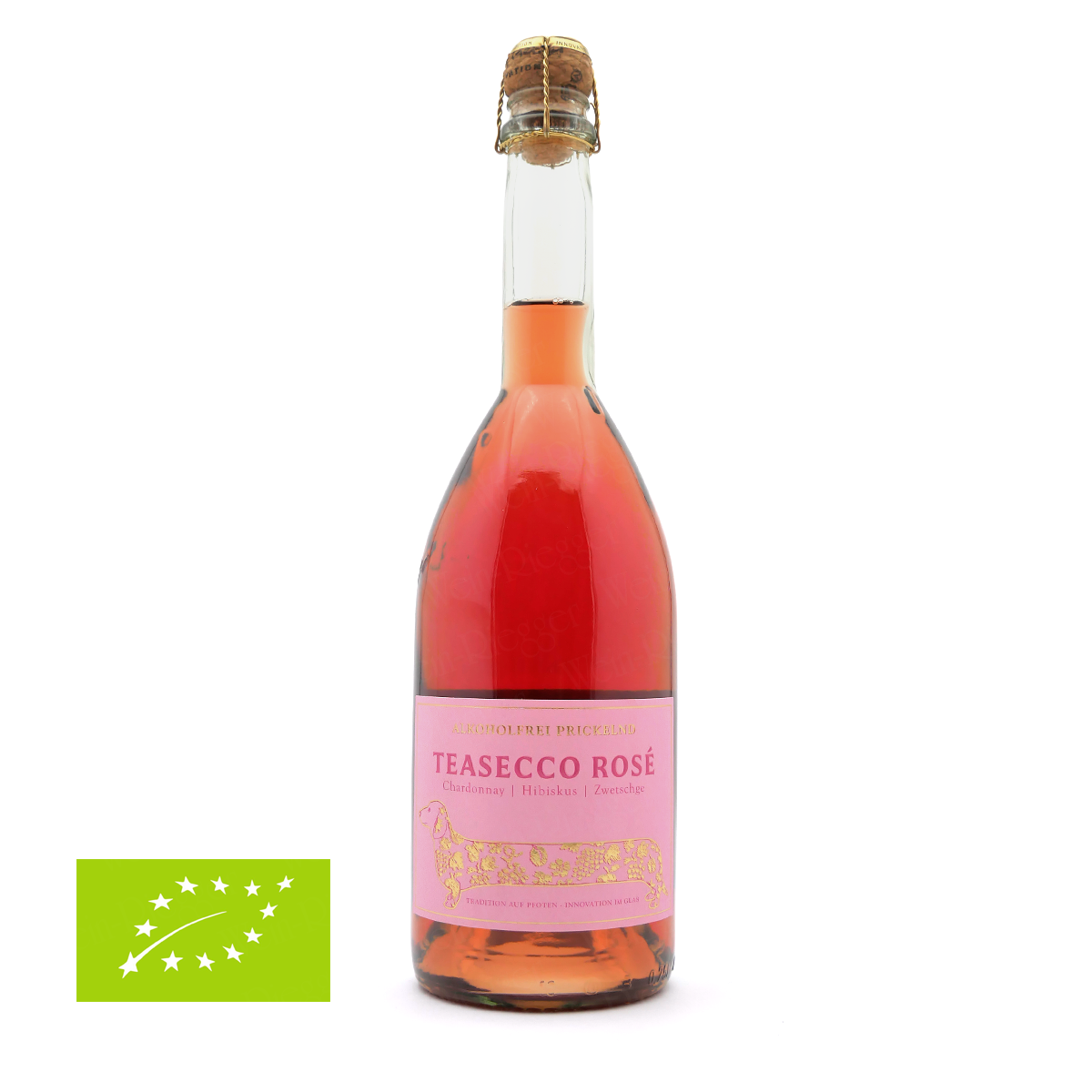 rosé, teasecco, gläserne-flasche, ökologisches-etikett, pinker-rosé