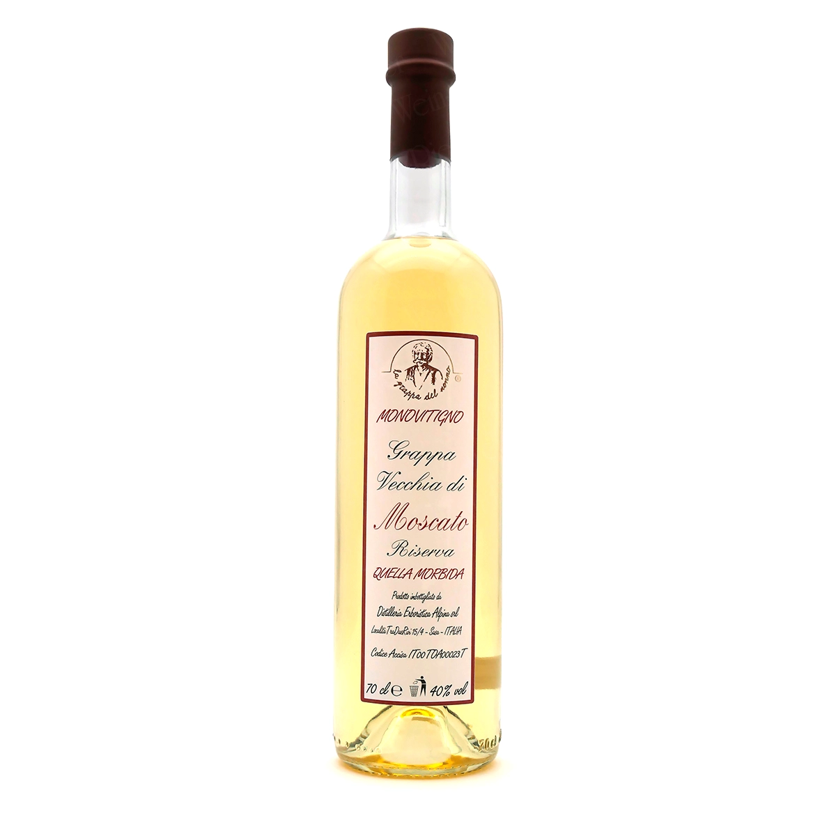 Grappa, Moscato-Tresterbrand, Goldgelbe Spirituose, Glasflasche, 40 % vol.