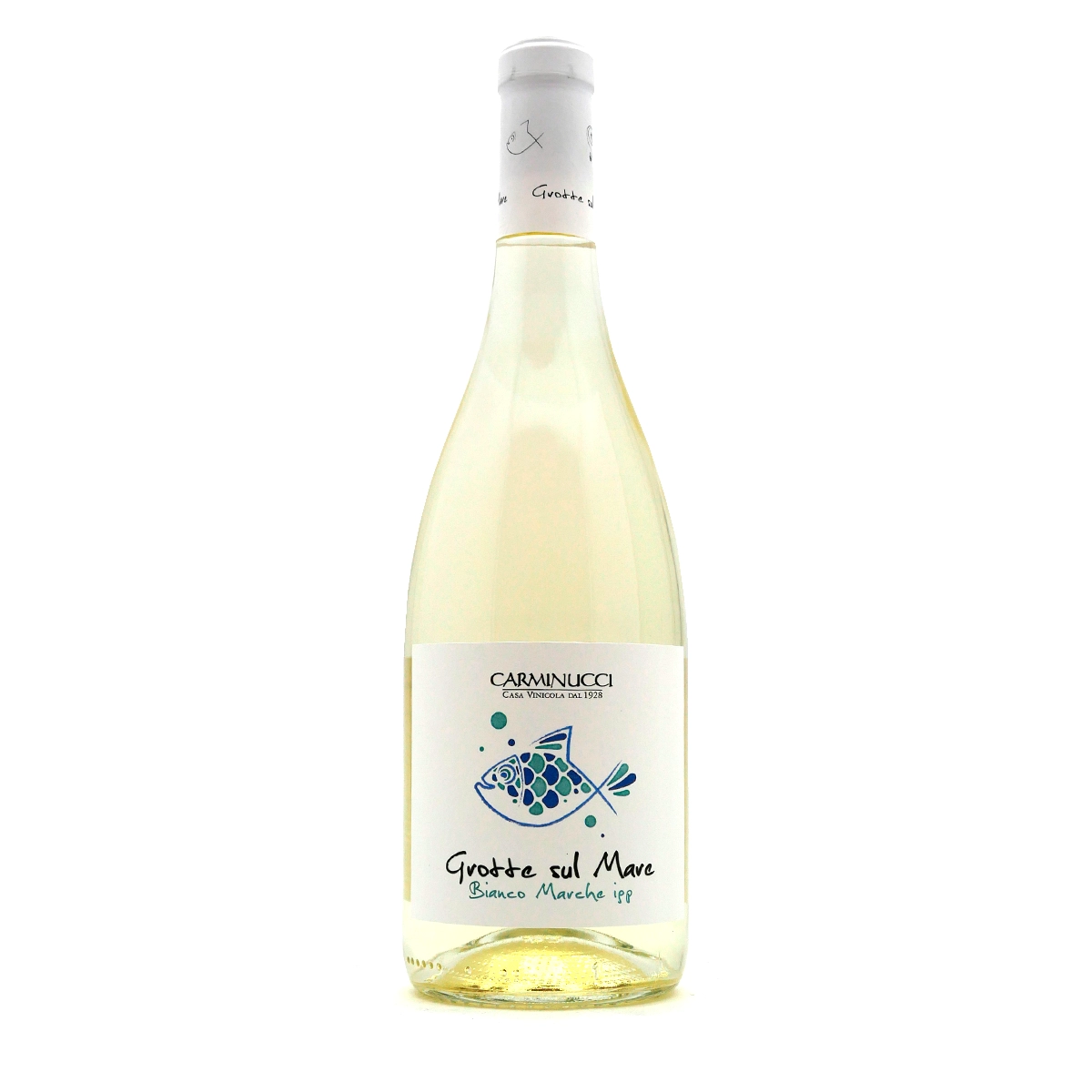 Weißwein, Flasche, Etikett mit Fisch, Italienischer Wein, Bianco Merceh  ISO, Weißwein, Flasche, Wein-Label, Fischmotiv, Blanco