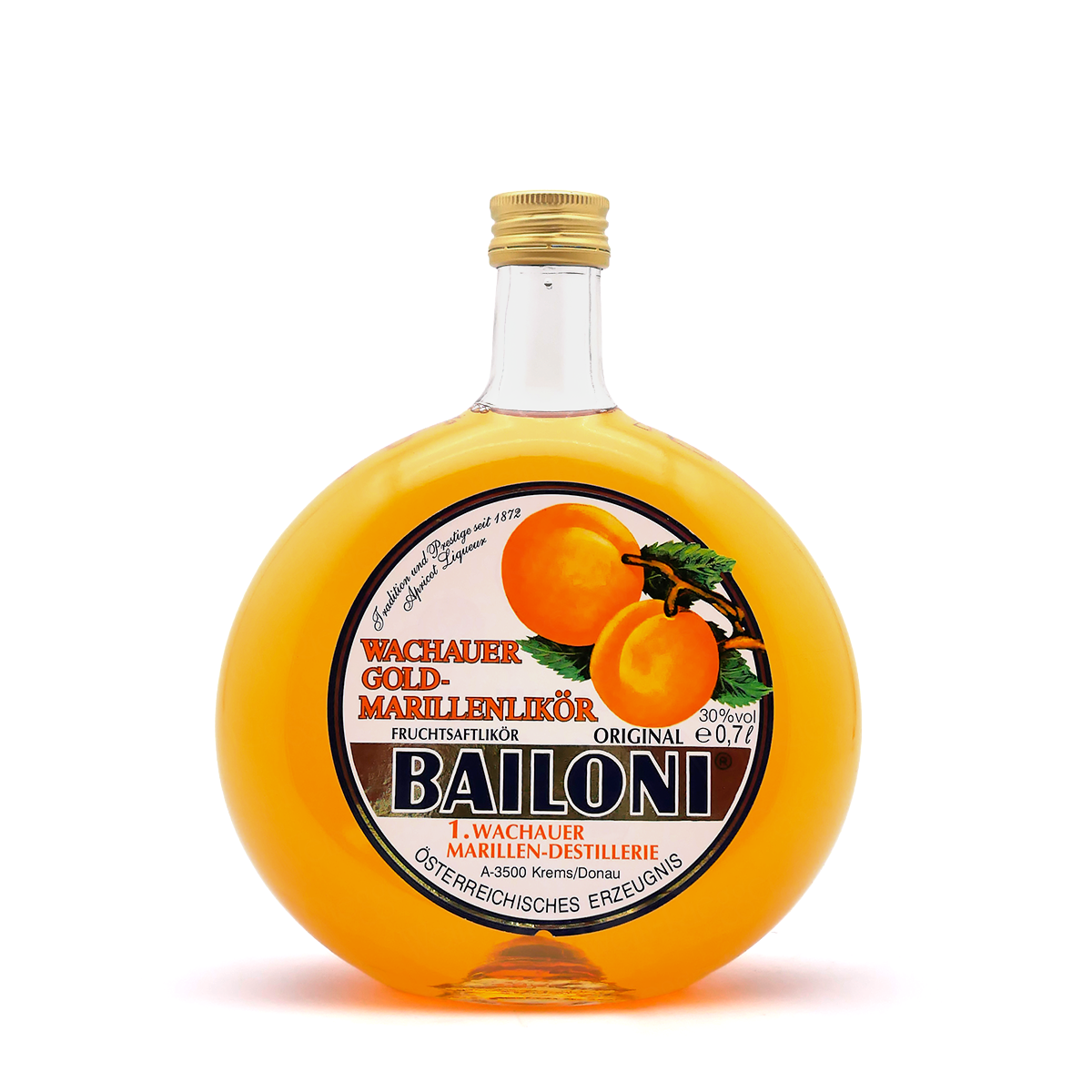 Orangenlikör, Likörflasche, Runde Flasche, Gold- Marillenlikör, Original Österreichisches Erzeugnis