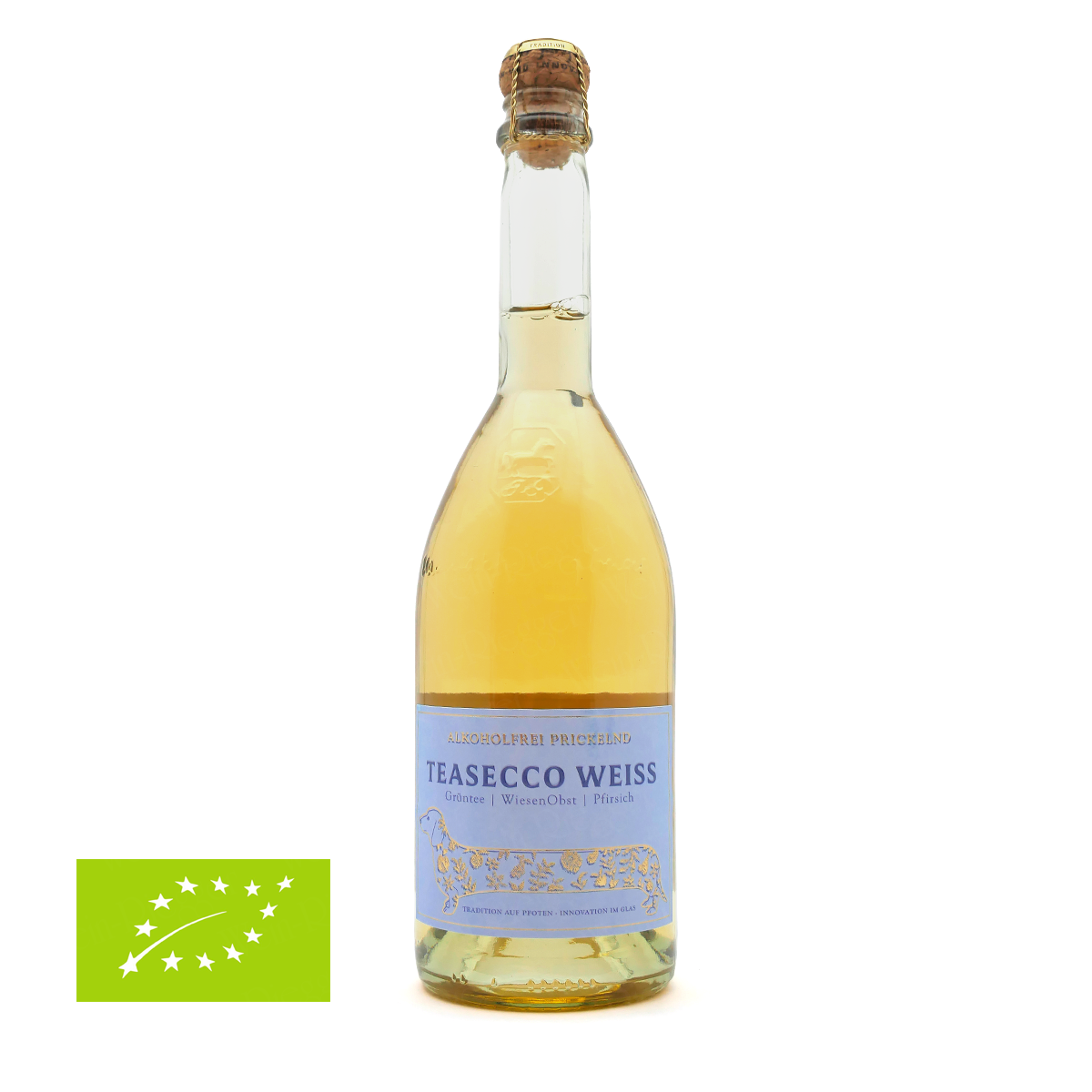 Glasflasche, Weißwein, Teasecco Weiss, Bio-Logo, Etikett blau