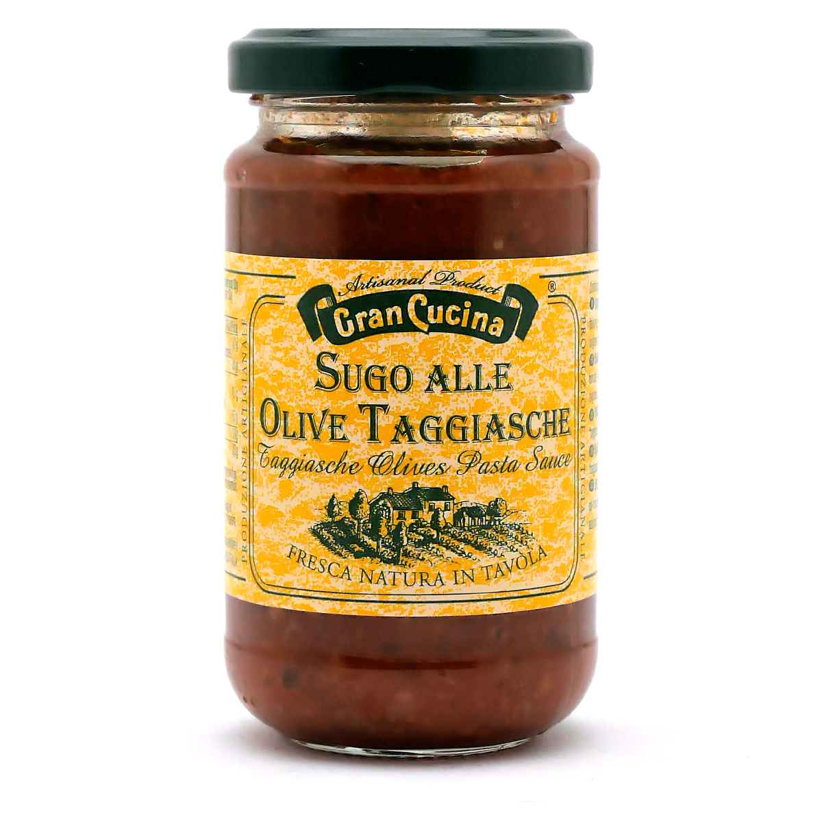 Oliven-Tomatensauce, Pastasauce, Glasflasche, braune Sauce