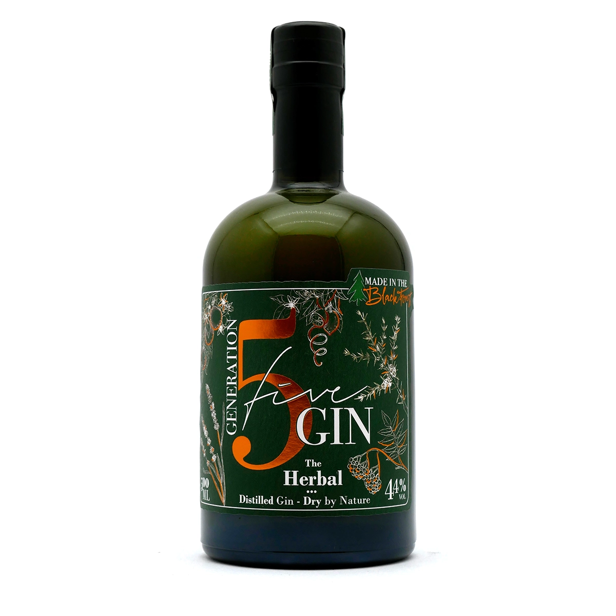 herbal gin, distilled gin, grüne Flasche, Etiketten-Design, 47% Vol