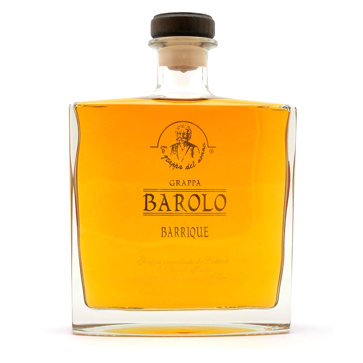 Likörflasche, Barolo Barrique, Glasflasche, goldene Farbe, Spirituosenflasche